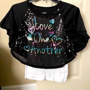Justice, Girls Size 10, Black Sequin Butterfly Sleeve Top w/attached White Tank